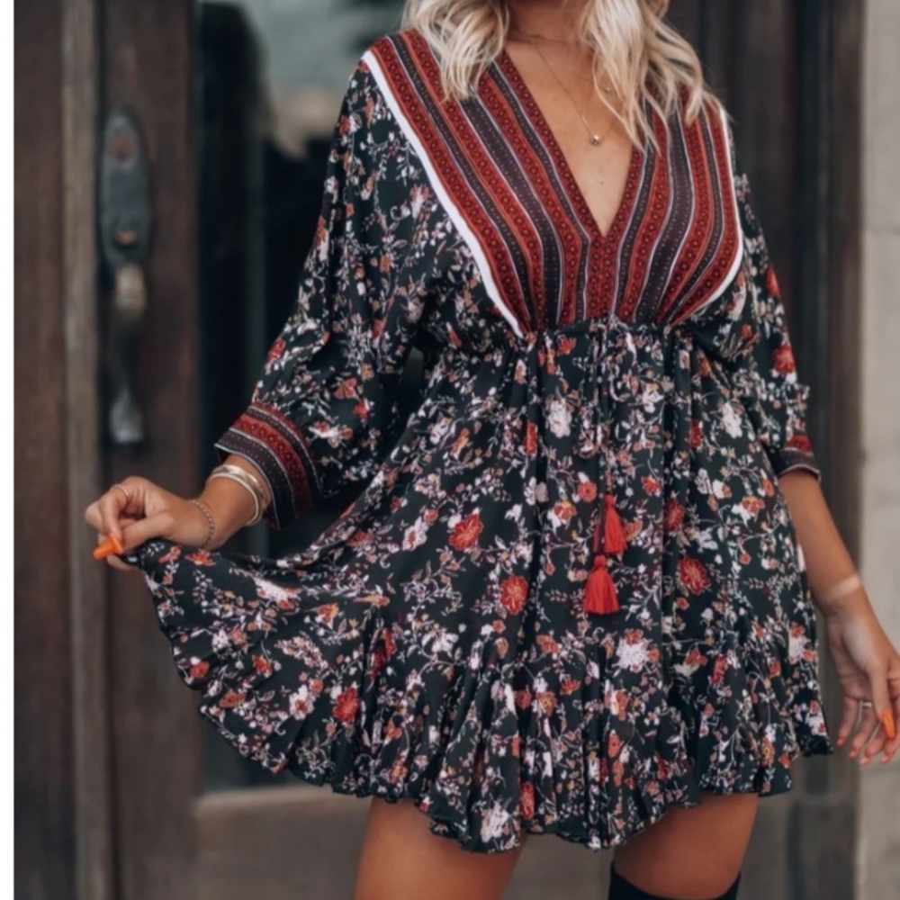 Aakaa Black Floral V-Neck Tiered Mini Dress with Red Accents